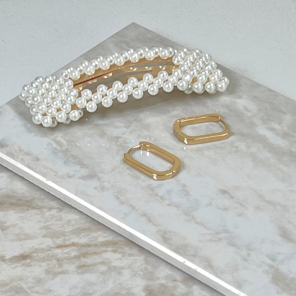 Gold rectangle earrings by Misia Mae
