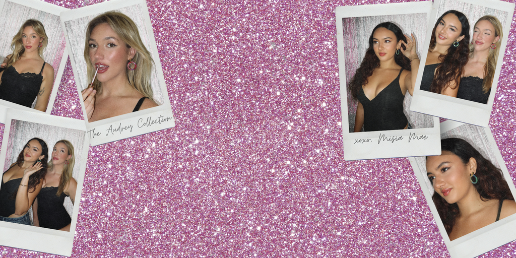 polaroid photos with brunette and blonde models wearing blue and pink tortoiseshell hoop earrings by Misia Mae