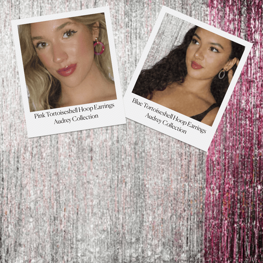 blonde and brunette women wearing pink and blue tortoiseshell earrings from the Audrey collection by Misia Mae on a sparkling background 